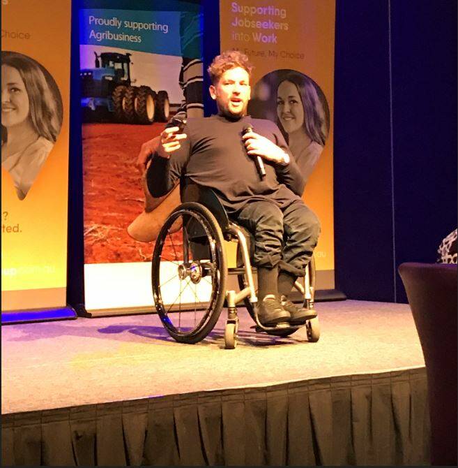 SHARING HIS STORY: Grand slam champion and Paralympic gold medallist Dylan Alcott talks about his life, sport and charitable work at The Cube Wodonga yesterday.