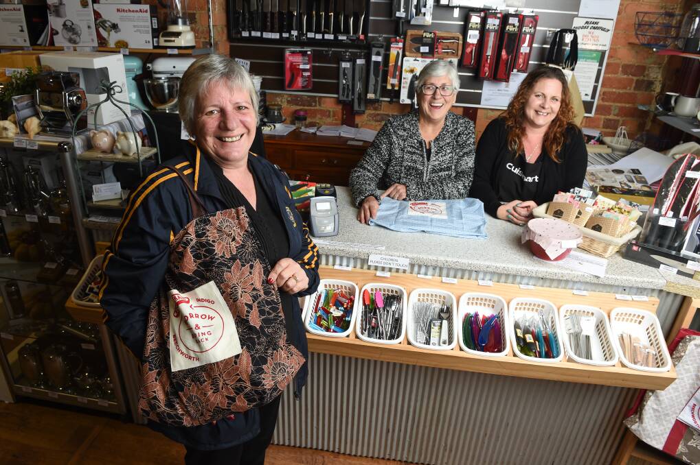 COMMUNITY PROJECT: Josie Cornish and Iris Mannik with Hotch Potch's Emma Lang as Boomerang Bags launch in Beechworth in 2017.