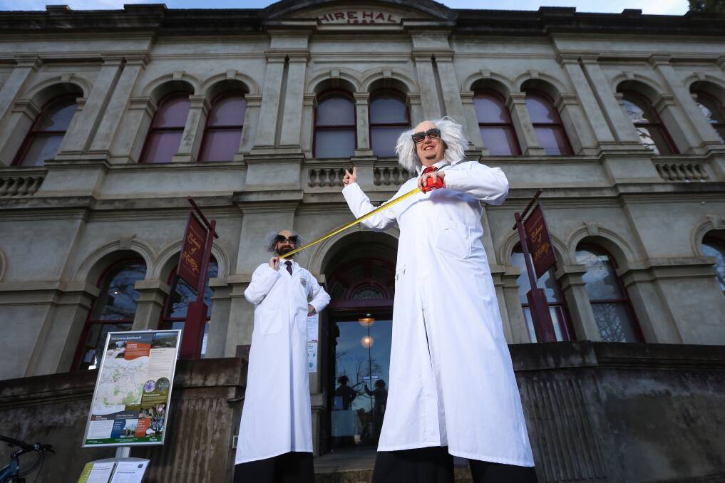 TOGETHER APART: Professor Plum and Dr Placebo, when not researching coronavirus, spend their time ensuring people are keeping 1.5 metres apart in Beechworth streets. Picture: JAMES WILTSHIRE
