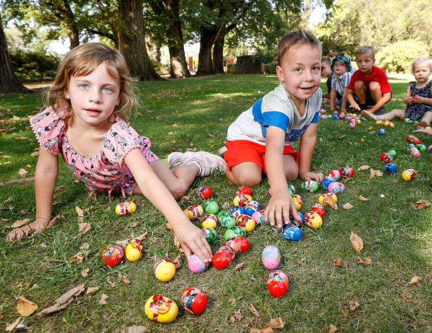 GREAT EGG-CITEMENT: Thurgoona twins Madeline and Thomas Corrigan (3) look forward to the Best Border Easter Egg Hunt. Picture: JAMES WILTSHIRE