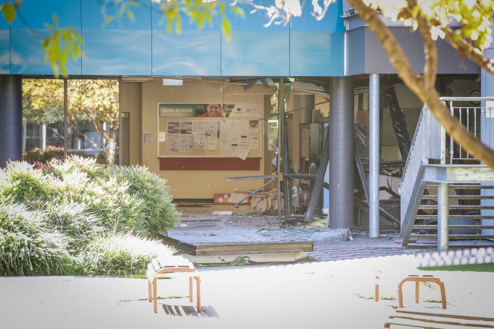 DAMAGE DONE: Evidence of the ram raid at Wodonga TAFE remains clear on Saturday morning. Picture: JAMES WILTSHIRE