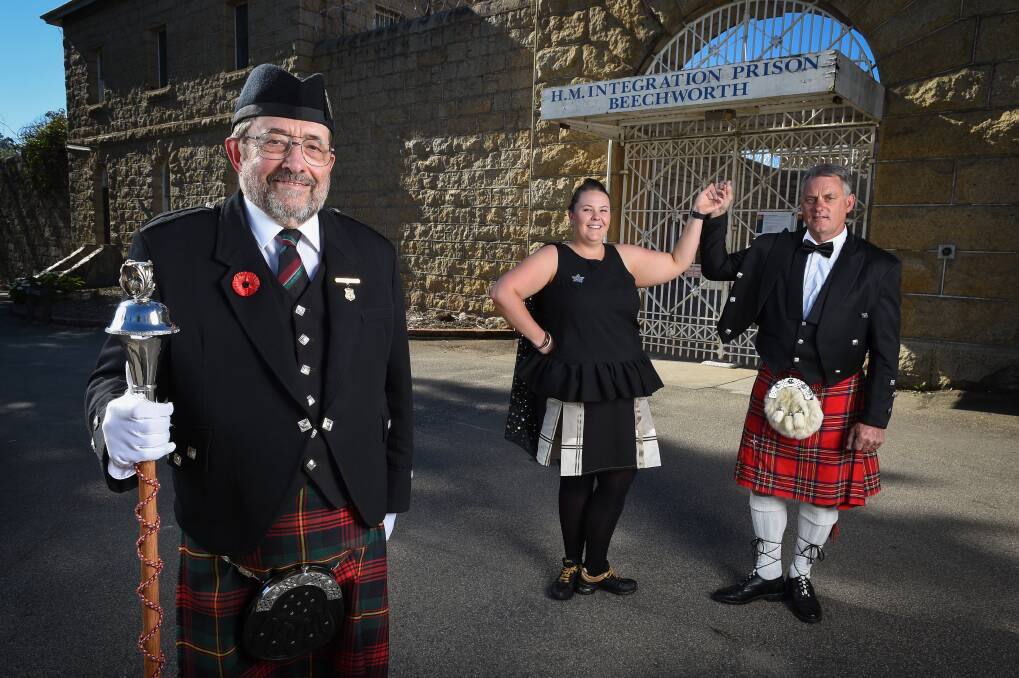 FESTIVAL FIRST: John Harvey, Narelle Forrest and Roger Humphris at Old Beechworth Gaol ahead of the Celtic weekend. Picture: MARK JESSER