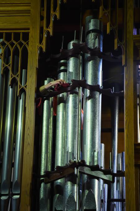 CLEANING: Organ builder Jordan Gutteridge reaches around the structure of the pipe organ. Picture: MARK JESSER