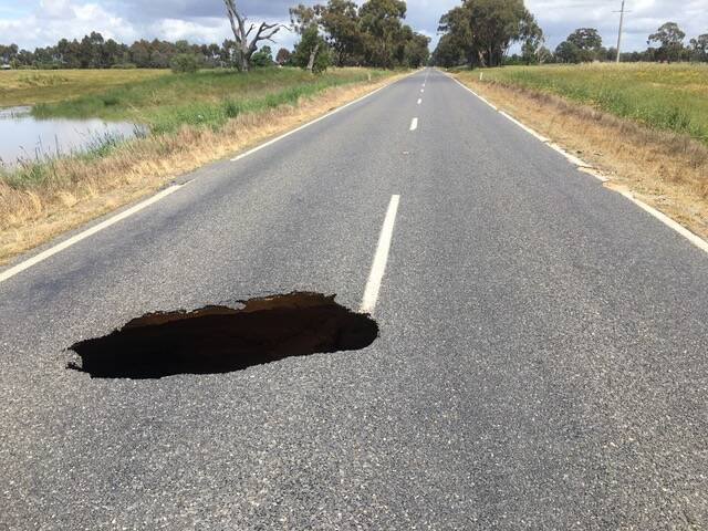 The initial sinkhole on Gooramadda Road, pictured, has since collapsed further. Picture supplied 