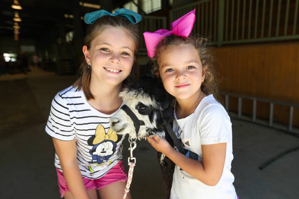 Sisters Tayla Lee, 9, and Zoe, 5, of West Wodonga, make a new friend at the 2018 Wodonga Show. This year is the 71st show.