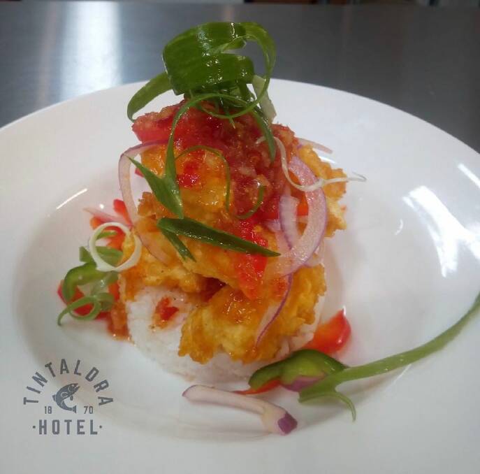 RESTAURANT OPEN: The Tintaldra Hotel is now serving dishes like this beer battered Asian sweet honey chilli prawn entree.