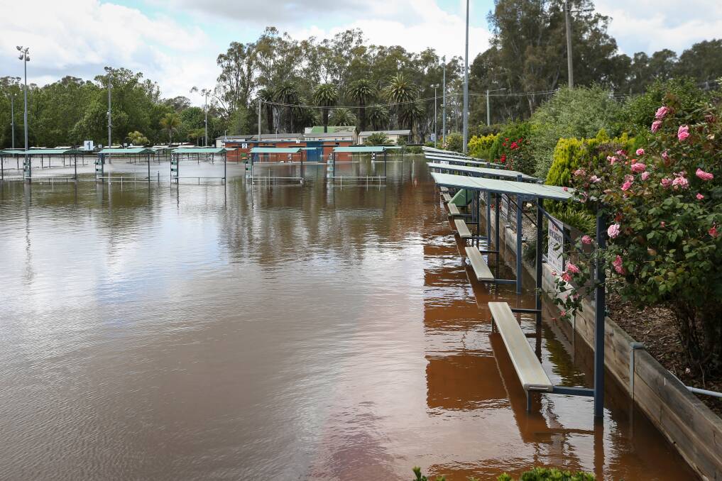 Bowling greens were more like swimming pools at Corowa Civic Bowls Club on Monday. Picture by James Wiltshire