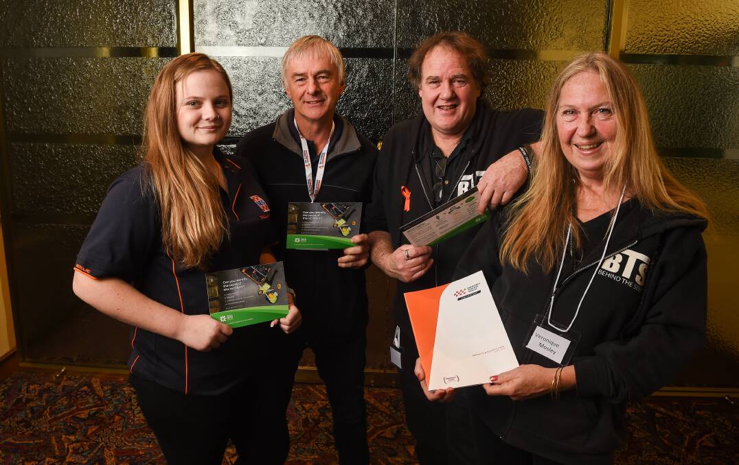 JOINT EFFORTS: Tallangatta SES member Melanie Bonanno, SES peer support officer Ian Sheldrick, Behind The Seen's Ross Beckley and Veronique Moseley at the mental health forum in Albury on Tuesday. Picture: MARK JESSER