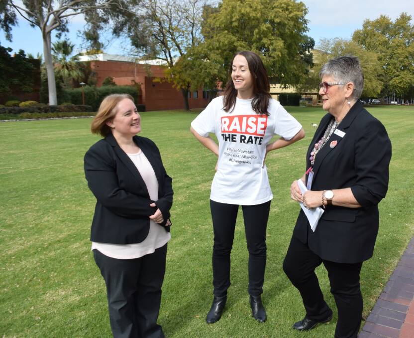 JOINT EFFORTS: Emily Lightfoot, of East Albury, ACOSS senior adviser Charmaine Crowe and CWA national president Tanya Cameron support the Raise The Rate campaign.