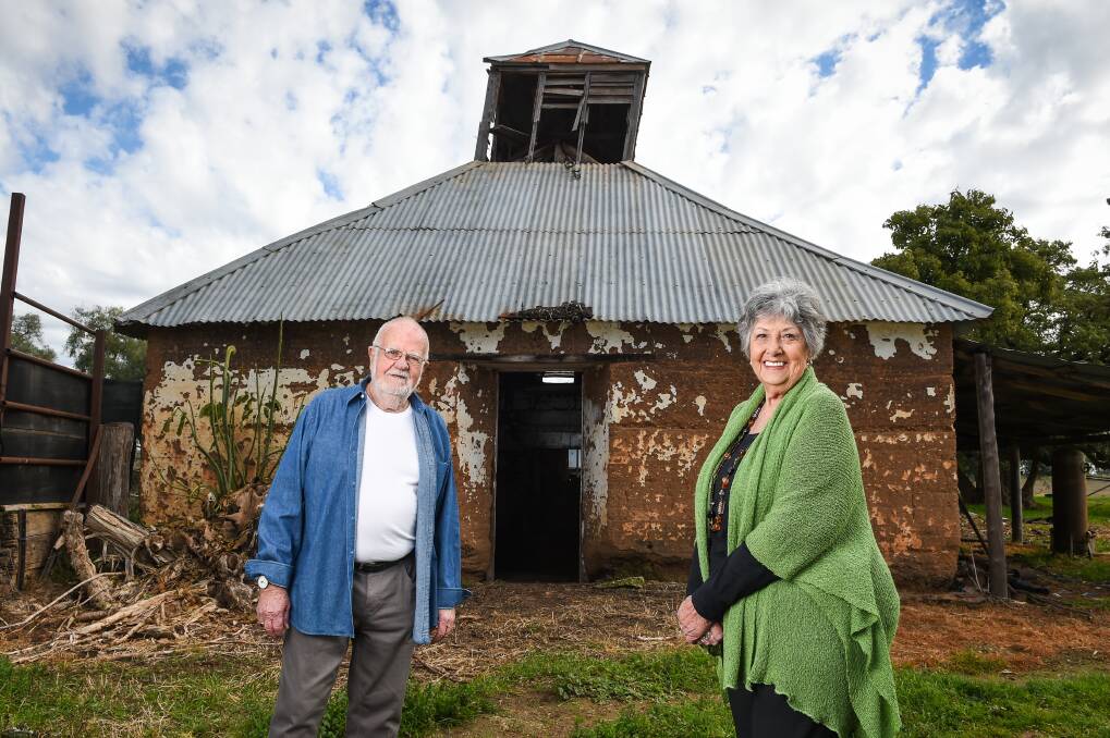 UNKNOWN HISTORY: Authors Ian Braybrook and Marilyn Bennet stand in front of ruins of the Corowa magnanerie where Sarah Florentia Bladen Neill worked to raise silk worms in the late 19th century. Picture: MARK JESSER