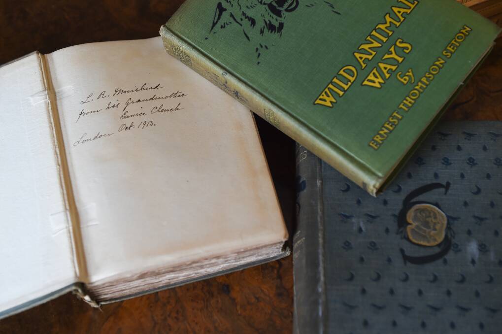FAMILY TREASURE: Lauriston Muirhead's books were given to his grandfather by his great-great-grandmother, with this inscription dated 1913. Picture: MARK JESSER