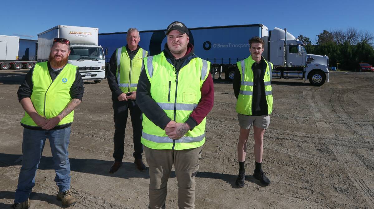 LEARNING AS YOU GO: A pathways program at O'Brien Transport aims to address an industry shortage of truck drivers. Team members include multi-combination driver Luke Howson, human resources manager Rod McIntosh, heavy combination driver Jackson Scholz and local operations co-ordinator Riley Bice. Luke, Jackson and Riley have participated in the pathways program. Picture: TARA TREWHELLA