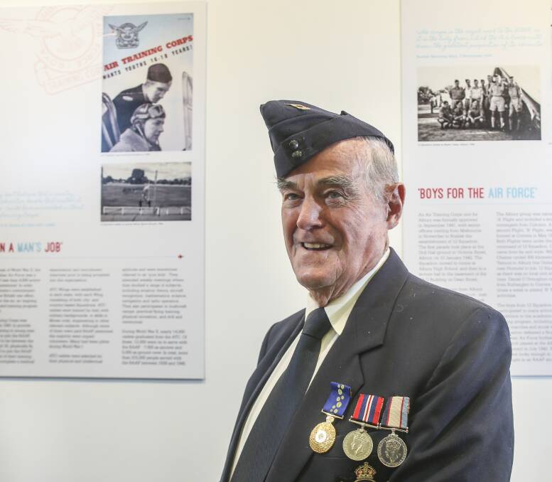 LOOKING BACK: "The air cadets, to my way of thinking, made a man of me very young." Ted Landon reminisces at a Lavington exhibition to mark the 75th anniversary of the Australian Air Force Cadets. Picture: ELENOR TEDENBORG