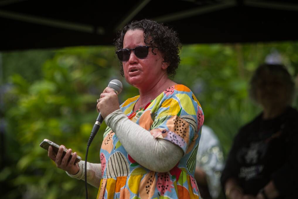 SPEAKING UP: Carly Findlay talks during the Women’s March in Melbourne last year. Picture: SCOTT MCNAUGHTON