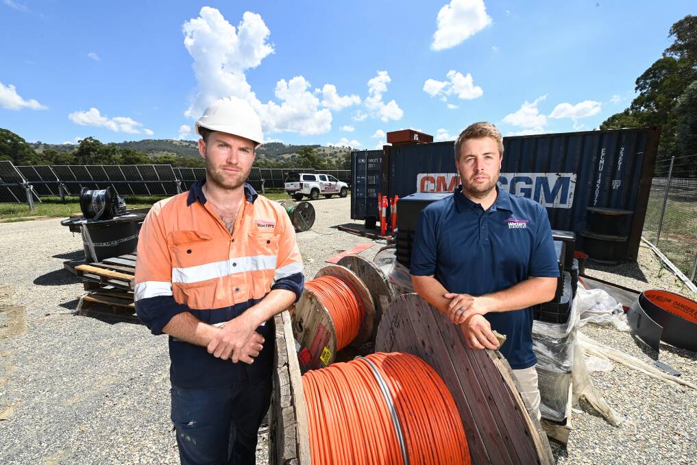 BUSINESS IMPACT: Site foreman Caleb Simmonds and Wodonga solar farm project manager Mark Daly condemned the theft in late January. Picture: MARK JESSER