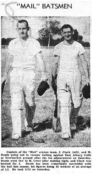 WALKING OUT: Mail captain Jim Clark and fellow batsman Merv Death are snapped in January 1956 as they prepare to resume their innings after tea.
