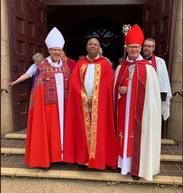 ELECTION RESULT: Gippsland Bishop Richard Treloar, Wangaratta Bishop Elect Clarence Bester and Melbourne Archbishop Philip Freier after Saturday's decision.