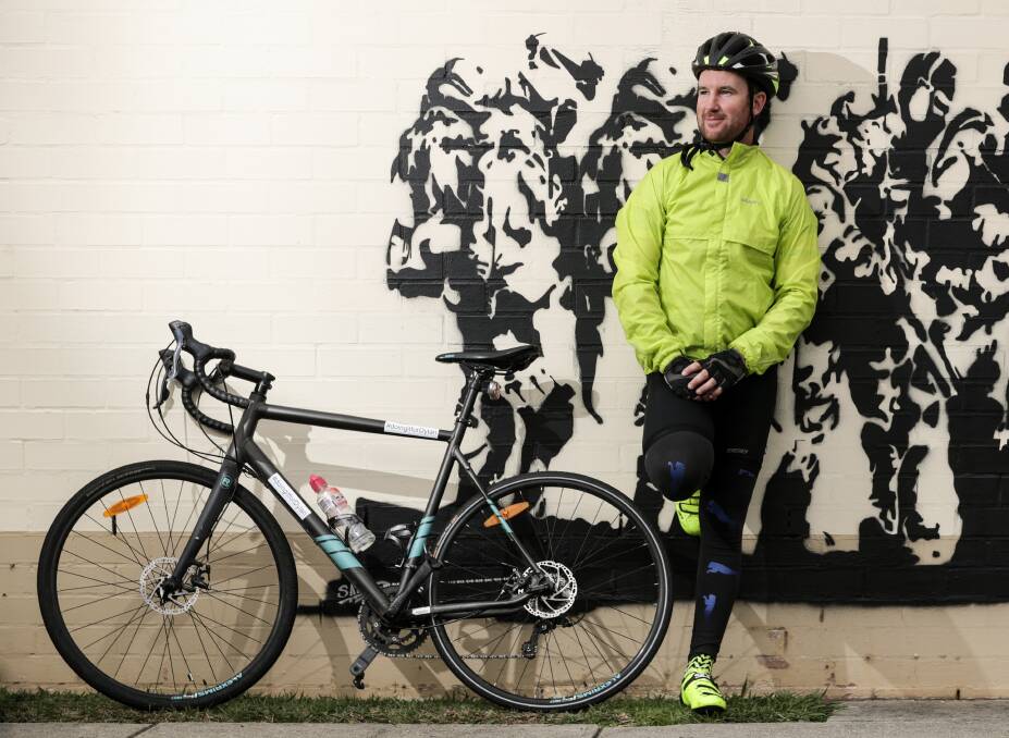 RIDE RETURNS: Matt Aldridge takes a break at Wodonga's Hume Veterans Information Centre during the 2018 Coo-Wee Ride, which aims to raise funds and awareness.