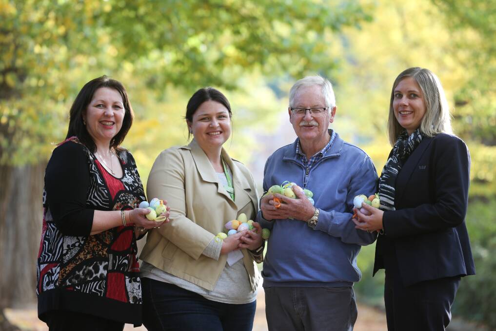 EGG-CELLENT: Di Sibbald, of Miller and Partners Chartered Accountants, Albury-Wodonga headspace's Bree Cross, Best Border Easter Egg Hunt founder Vince Glenane and Nicole Netherwood, of Westpac Albury, celebrate the hunt's success. Picture: KYLIE ESLER