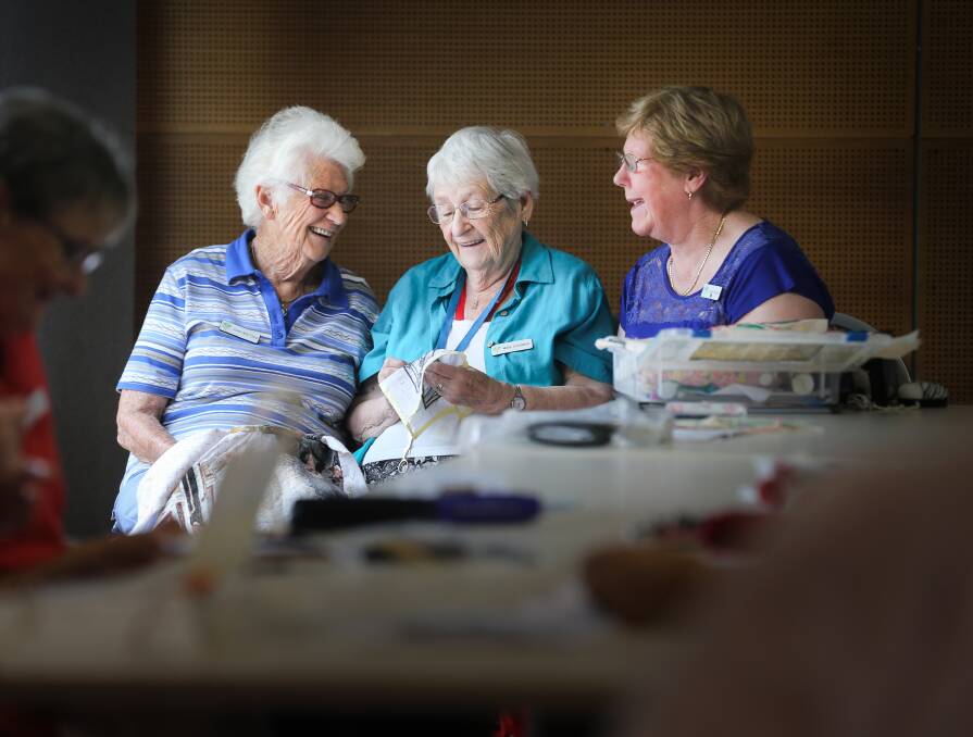 DIVERSE CRAFTS: Joan Whitsed, Magg Stuchbery and Sue Hitchins enjoy learning from other members of the group. Picture: KYLIE ESLER