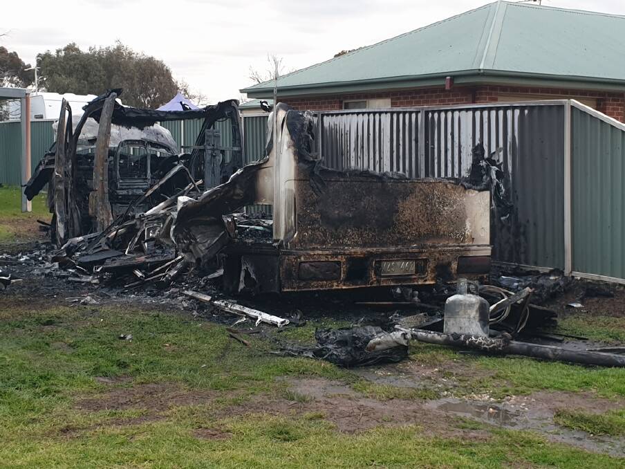 DESTROYED: Howlong firefighters were able to stop the blaze spreading to a nearby house. Picture: NSW RURAL FIRE SERVICE
