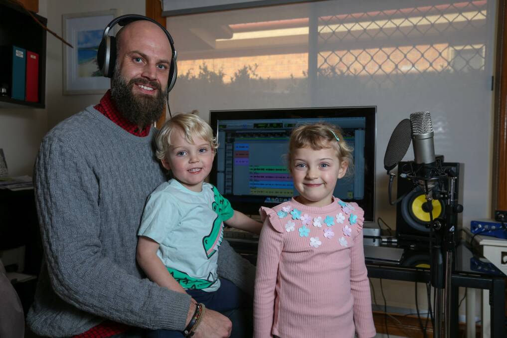 IN THE STUDIO: Mikey Mike and the Hip Hop Kids, aka Albury's Michael Martin and his children Max, 3, and Mia, 5. Picture: TARA TREWHELLA