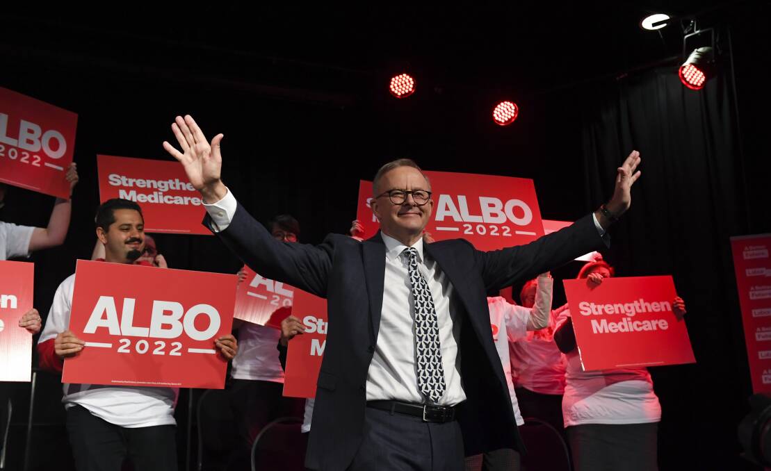 Anthony Albanese addresses the party faithful at a campaign rally in Launceston. Picture: AAP 