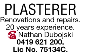 PLASTERER
 
Renovations and repairs. 
20 years experience.
 Na