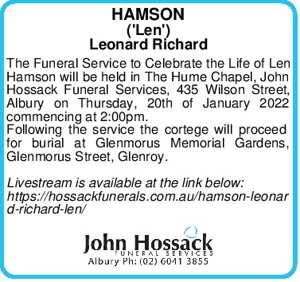 HAMSON
('Len')
Leonard Richard
The Funeral Service to Celebrat