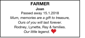 Farmer 
Joan 
Passed away 15.1.2018
 
Mum, memories are a gift