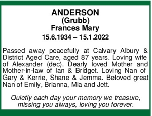 ANDERSON
(Grubb)
Frances Mary
15.6.1934 – 15.1.2022
 
 Passed 