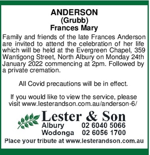 ANDERSON
(Grubb)
Frances Mary
 Family and friends of the late 