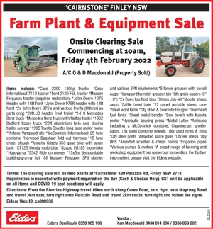 Fa 

rm 

Plant 

& 

Equipment 

Sale 

Onsit 

e 

Clearing 