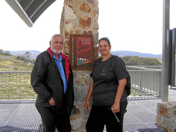 Darren and Natalie McLeod of the Jaimathang people at the Wallace’s Hut heritage trail sign.