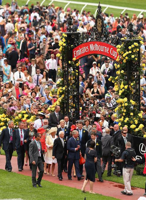 Prince Charles, Prince of Wales and Camilla, Duchess of Cornwall arrive at the 2012 Melbourne Cup Day at Flemington Racecourse in Melbourne, Australia.
