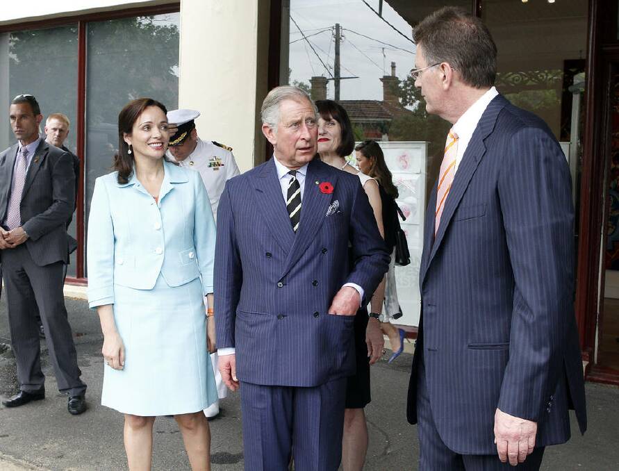 Prince Charles, Prince of Wales talks to Victorian Premier Ted Bailieu during a visit to the Australian Tapestry Workshop in Melbourne, Australia.