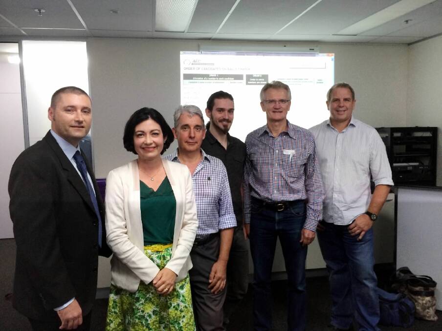 Travis Windsor (far right) with fellow election candidates (from left) Ray Sawyer (Katter’s Australia Party), Terri Butler (Labor), Geoff Ebbs (Greens), Timothy Lawrence (Stable Population Party) and Bill Glasson (Liberal) Picture: BRISBANE TIMES