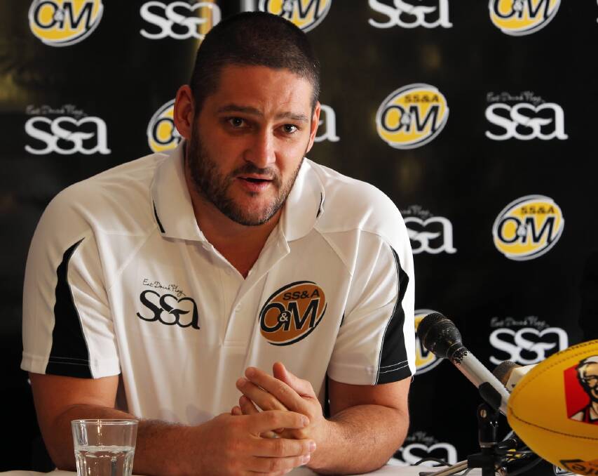 Brendan Fevola speaks at a press conference announcing him as coach of the O & M interleague squad. Picture: MATTHEW SMITHWICK