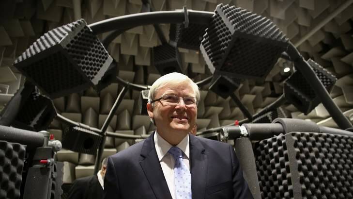 Prime Minister Kevin Rudd visits an Anechoic chamber with 41 speakers at the Australian Hearing Hub in the seat of Bennelong in Sydney on August 12. Photo: Andrew Meares