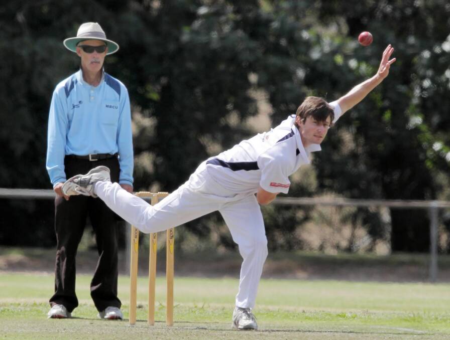 Kiewa bowler Jason Bartel puts everything into this delivery against Yackandandah on Saturday. He took 1-36 off 12 overs. Pictures: DAVID THORPE
