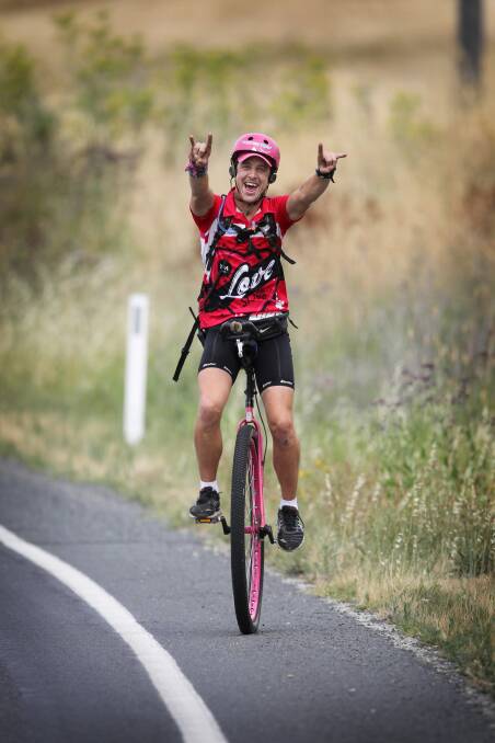 Samuel Johnson arrived in Tallangatta yesterday as part of his unicycle ride to raise awareness and funds for breast cancer research. Picture: MARK JESSER