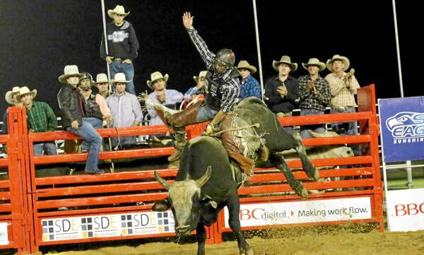 US bull rider Zach Brown in action on the Sunshine Coast earlier this year. Brown will be riding bulls on the Border this weekend. Picture: DOUBLE DEE PHOTOS