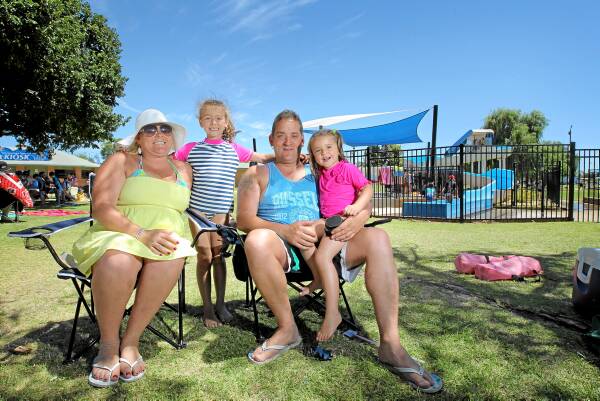 Kellie Redford, Emily Secoulidis, Jason Secoulidis and Chloe Secoulidis from Hoppers Crossing were enjoying the water park on the Yarrawonga foreshore. Pictures: TARA GOONAN