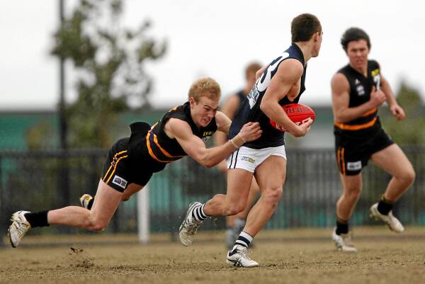 Josh Mellington lays a tackle during the Murray Bushrangers’ clash with the Geelong Falcons this season. Picture: GETTY IMAGES