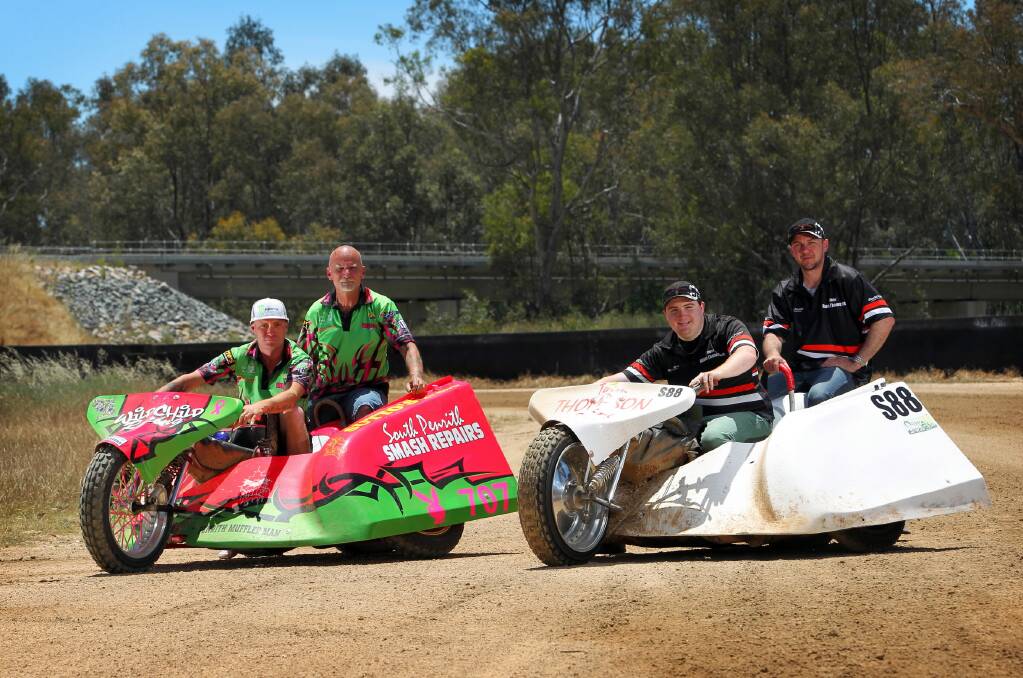 Stephen Saunders and Mick Saunders, of Sydney, and Adam Thompson and Paul Wallace, of Canberra, with their sidecars, checked out Wodonga’s Diamond Park track recently.