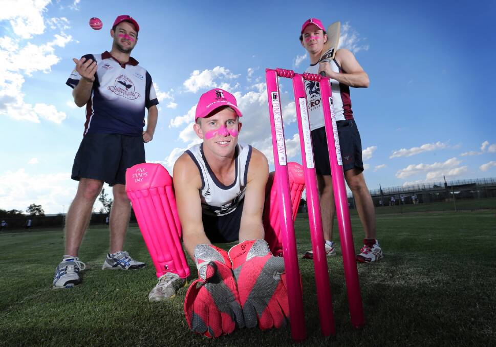 East Albury’s Cameron White, Dylan Weeding and James McNeil don the pink gear ahead of today’s match at Alexandra Park. Picture: MATTHEW SMITHWICK