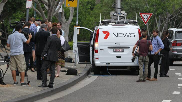 Media gather outside the Pyrmont office of Channel Seven. Photo: Ben Rushton