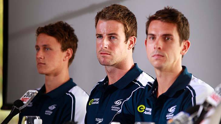 Sorry sight … Cameron McEvoy, James Magnussen and Eamon Sullivan deliver their mea culpa on Friday.