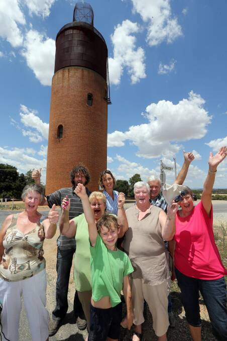 Rutherglen Wine Bottle supporters celebrate the upgrade: at back, Brendan Smith, Cooper Gabriel and Herb Ellerbock. with Judy Harrison, Mary Dunn, Frances Walsh and Deb Stefanides a nd 7-year-old James Habets. Picture: PETER MERKESTEYN