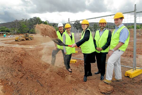 Project manager Vince Busuttil, community liaison Geraldine Beagan, facility manager Christine Cupitt, Jerome Jordan and development manager Joel Wertheimer turn the sod at the new site for the Albury and District Nursing Home. Picture: DAVID THORPE